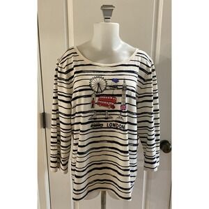 Talbots T-Shirt Tee Blue White ‎ Size XL Cotton Striped London Eye Red Bus